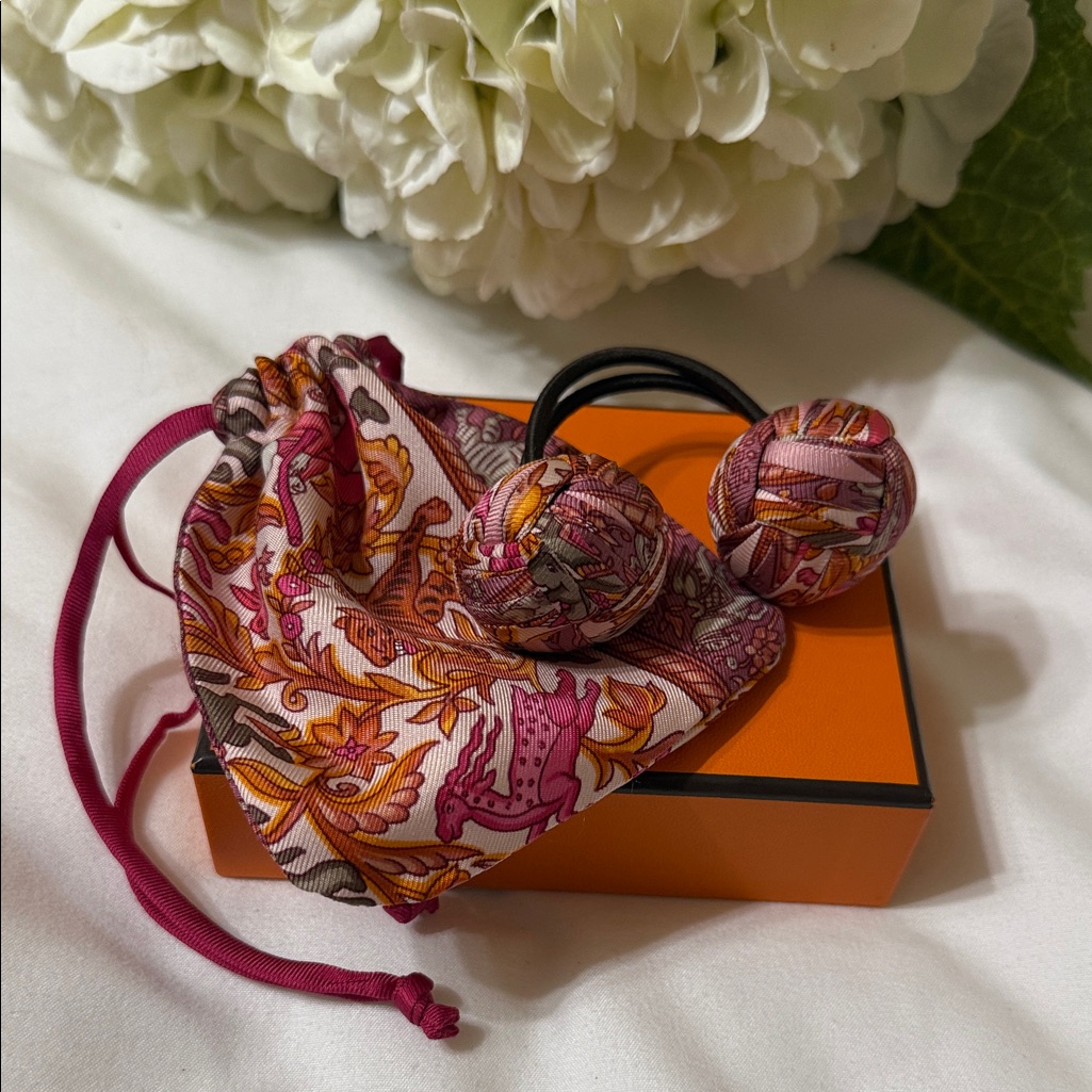 Pristine Hermes Pompom Hair Tie With Matching Pouch